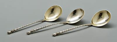 Three Russian silver spoons egg shaped gilt bowls highly engraved