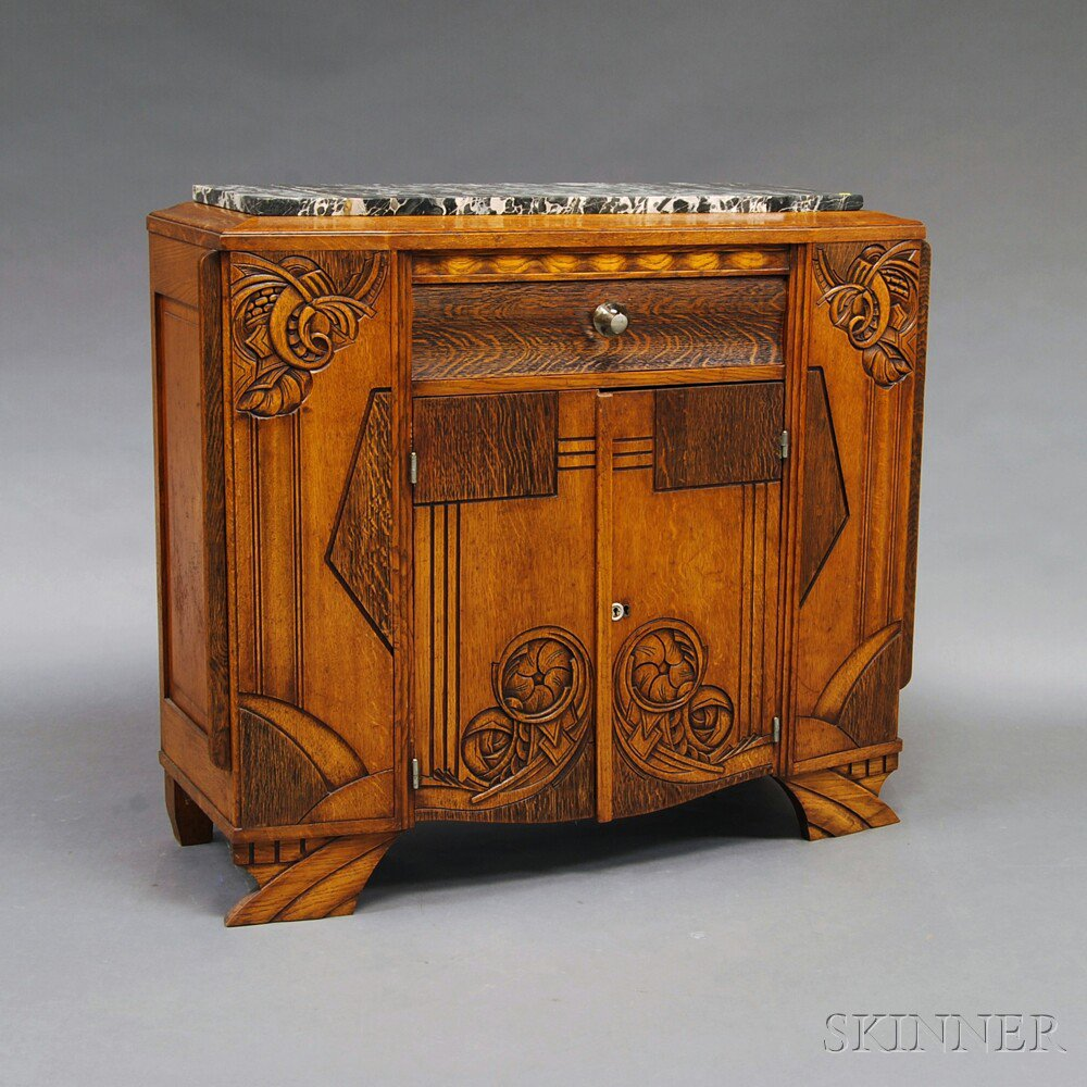 Art Deco Carved and Inlaid Oak Marble top Sideboard the