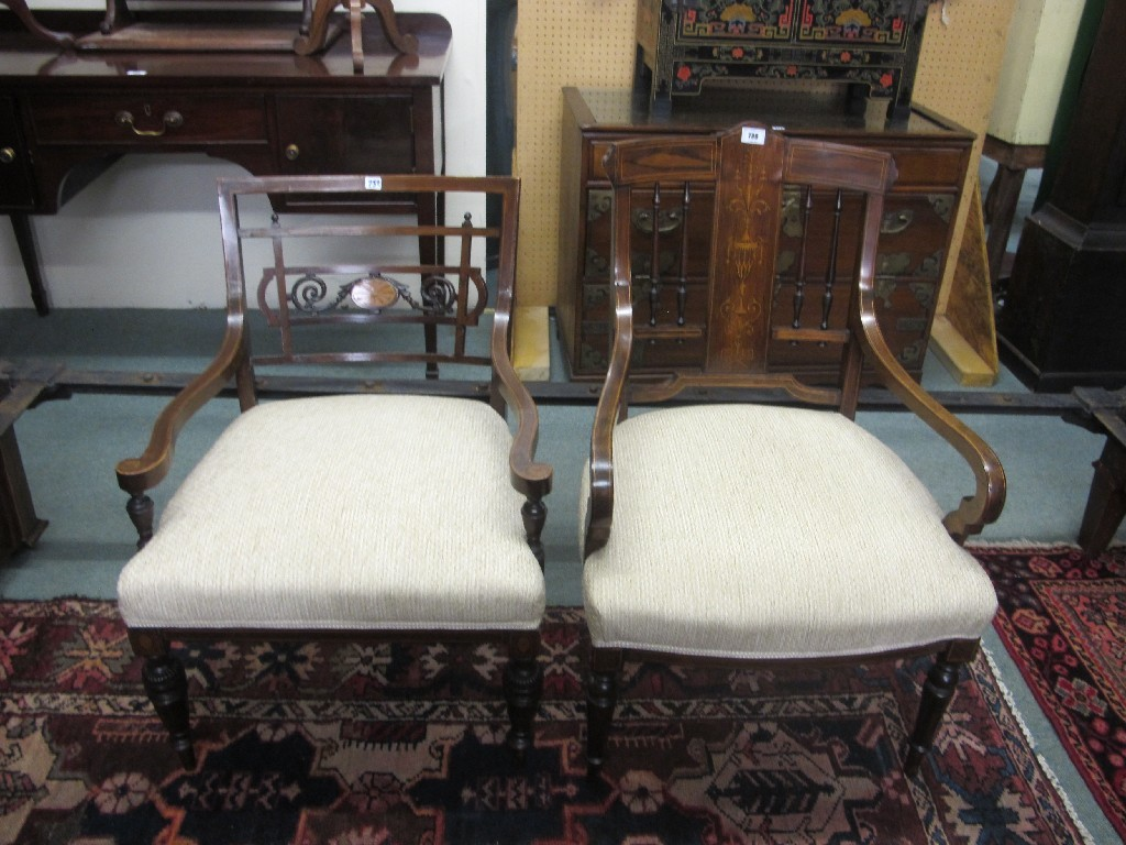 Two Edwardian rosewood inlaid parlour armchairs