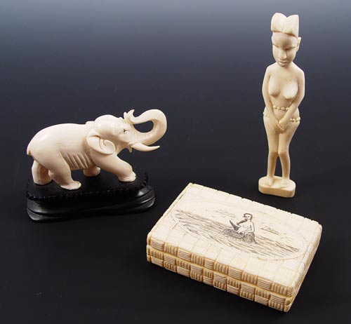 CARVED IVORY BOX ELEPHANT AFRICAN FIGURE To include 1 Carved