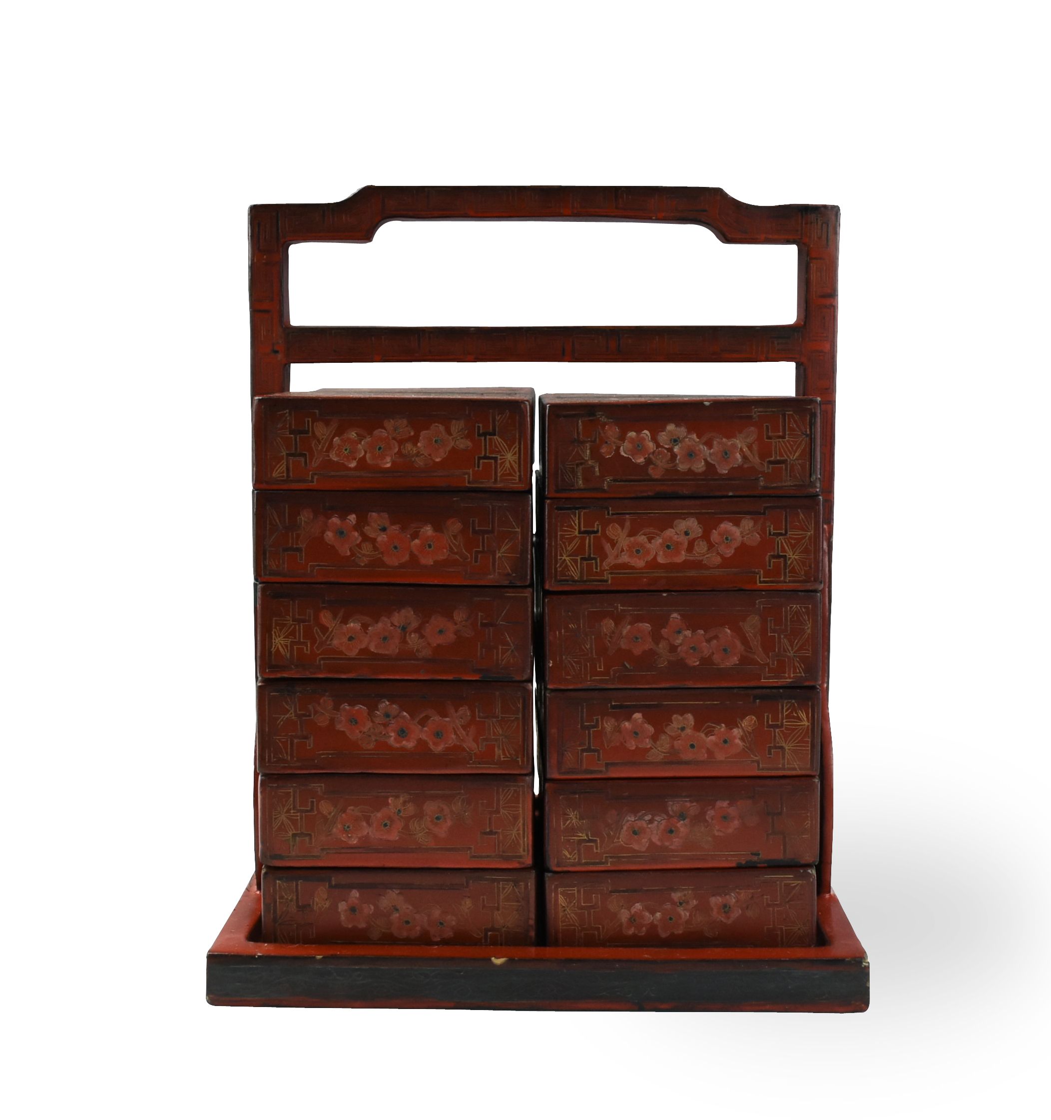 CHINESE ANTIQUE RED LACQUER MARRIAGE STACK BOX Chinese six stack