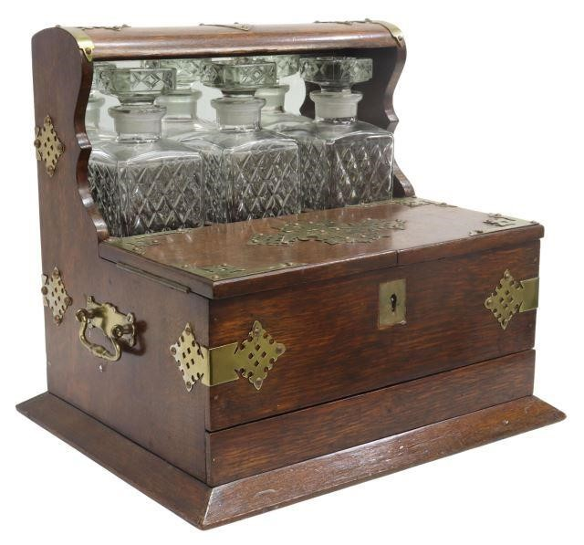 English Victorian tantalus decanter set c 1900 oak case with