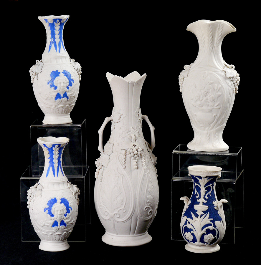 5 PARIAN VASES INCLUDING BENNINGTON 5 pieces total to include