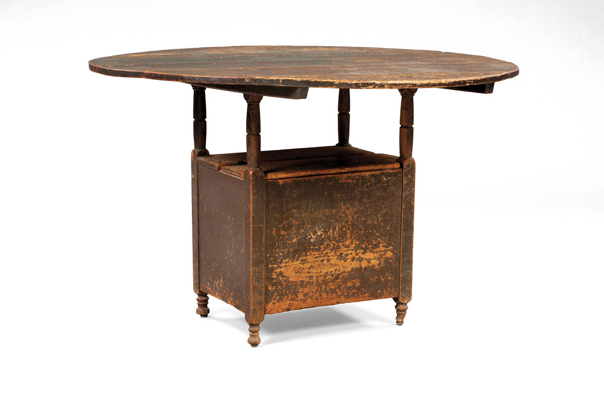 NEW ENGLAND PINE AND MAPLE HUTCH TABLE WITH ROUND TOP