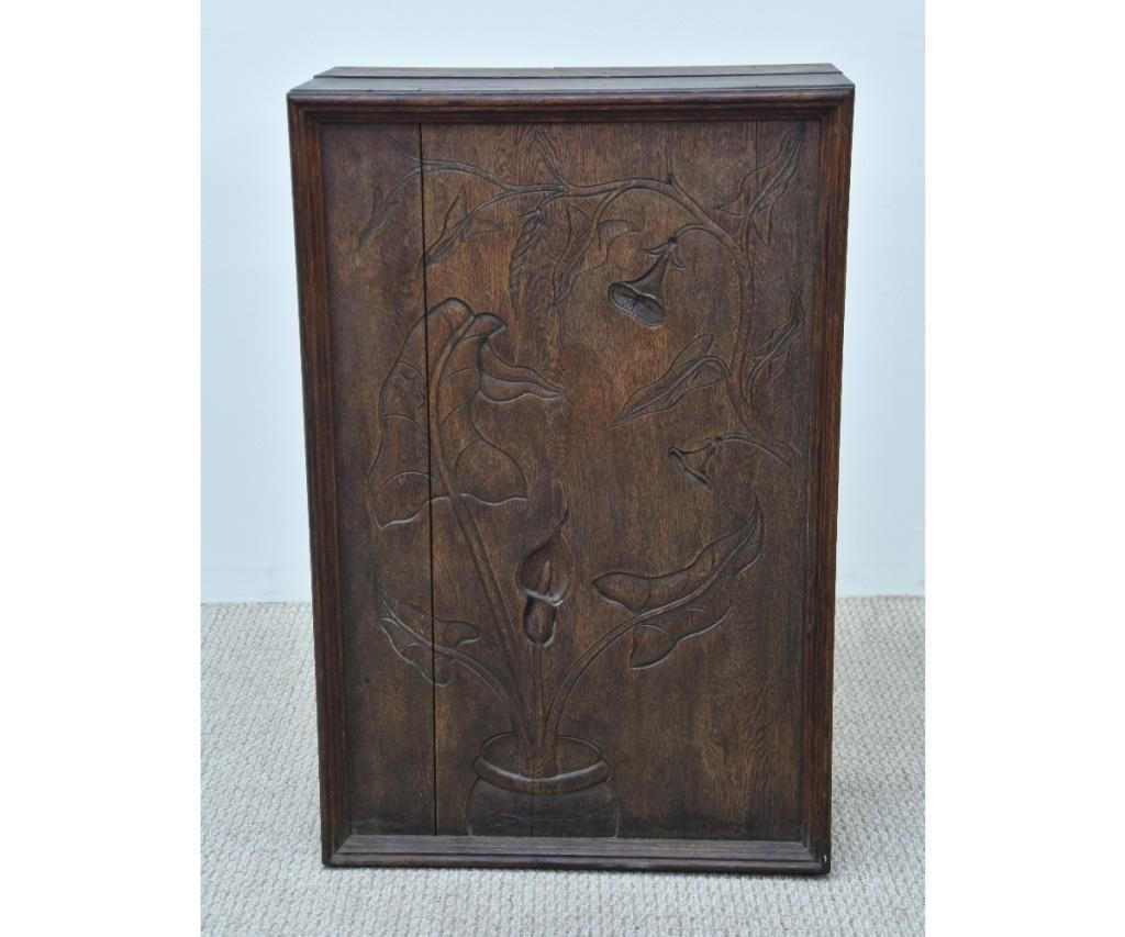 Oak carved hanging cabinet circa 1900 with dovetail construction 36