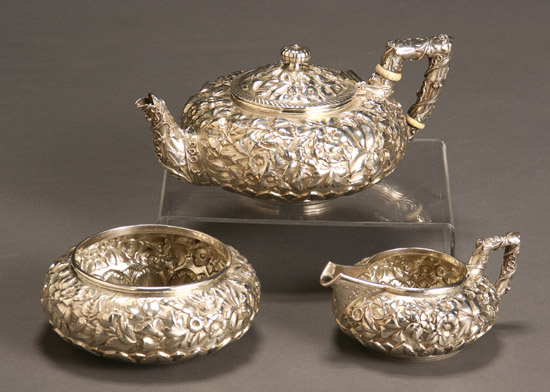 J E Caldwell Co Repouss Sterling Three Piece Tea Service