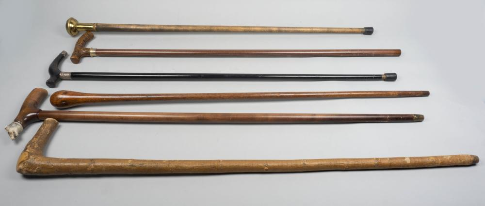 COLLECTION OF SIX WALKING STICKS AND CANES including a stick