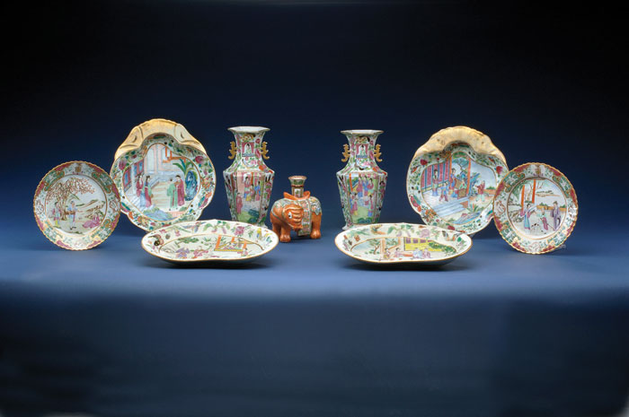 PAIR OF CHINESE EXPORT PORCELAIN MANDARIN DECORATED HEXAGONAL HANDLED VASES