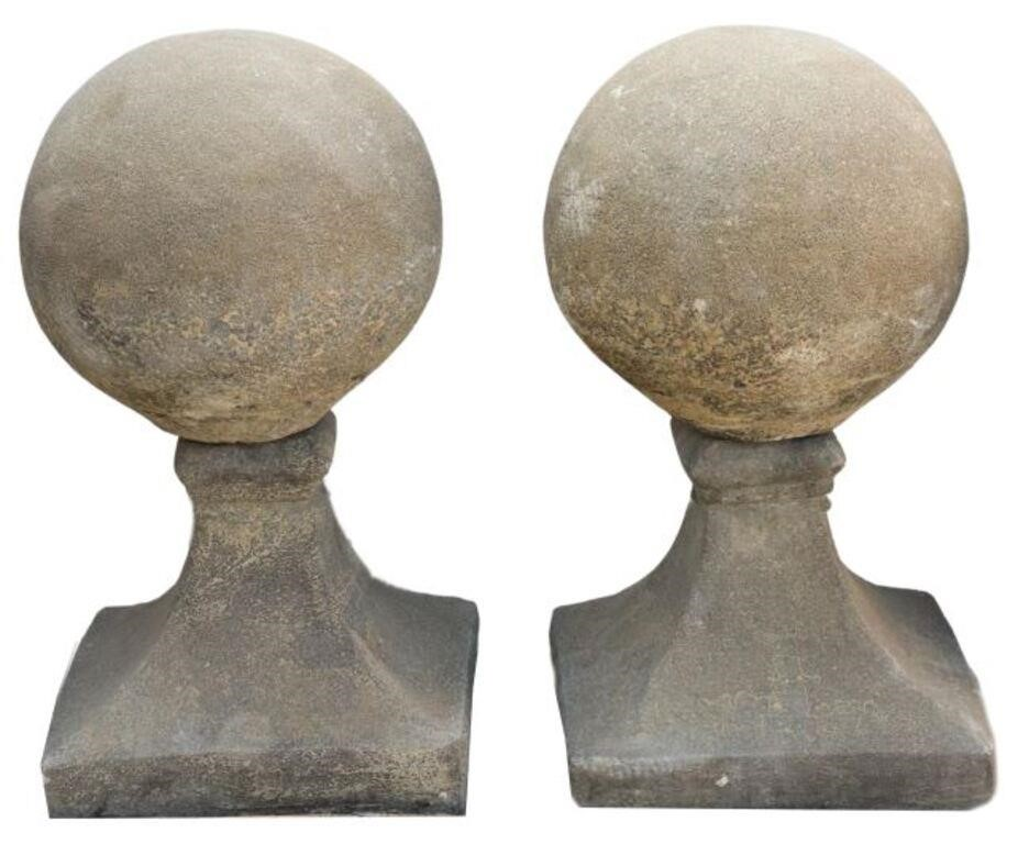 pair Cast stone ball form piers late 20th c on