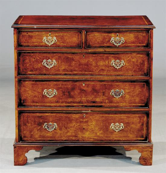 George II style inlaid walnut and burl chest of drawers