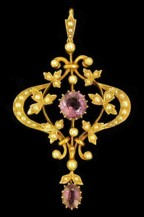 A late Victorian 15ct gold mounted seed pearl and amethyst