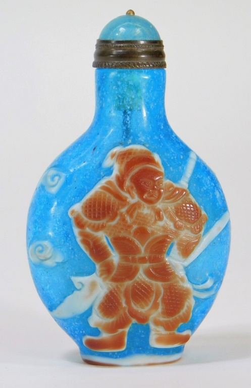 CHINESE BLUE PEKING GLASS WARRIOR SNUFF BOTTLE China Early 20th