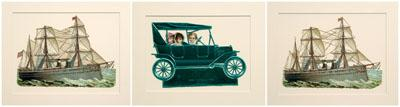 Three German chromolithographs die cut near pair of steamships at