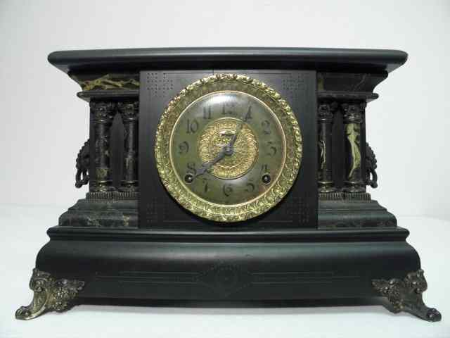 Victorian black ebonized wood mantel or mantle clock Faux marble