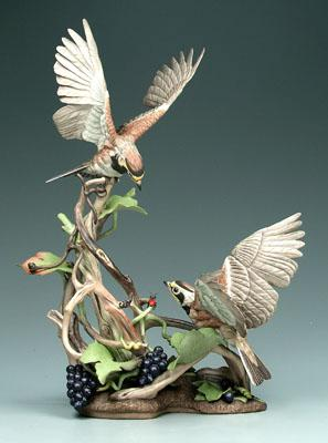 Boehm figural bird group horned larks and grapevines black printed