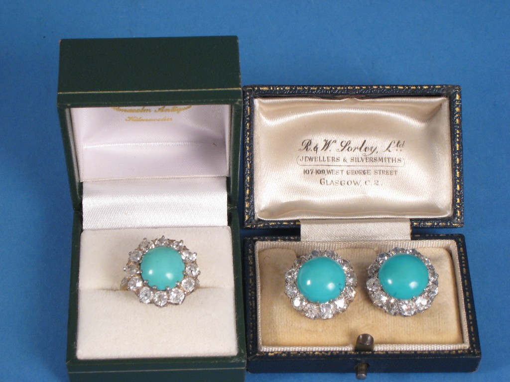 A Pair of Diamond and Turquoise Cluster Earclips with matching