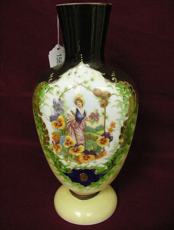 LARGE BRISTOL HAND PAINTED VASE Painting of young woman Size