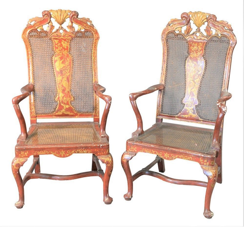 Pair of Continental Style Armchairs chinoiserie decorated having caned back