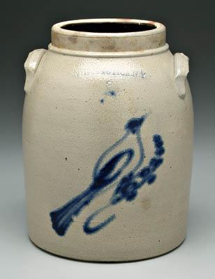 Bird decorated stoneware jar two applied lug handles marked Whites