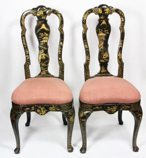 Lot of 2 Queen Anne style chinoiserie decorated side chairs