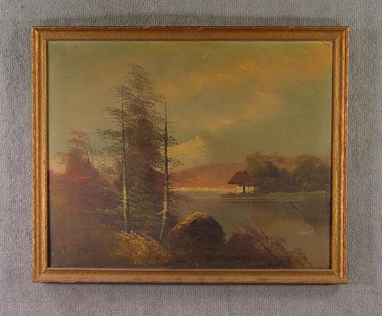 Oil on Canvas Lakeside Scene With cottage rocks and trees