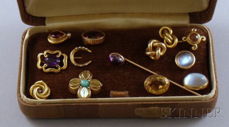 Thirteen Primarily 14kt Gold Gem set Stickpins makers include Enos