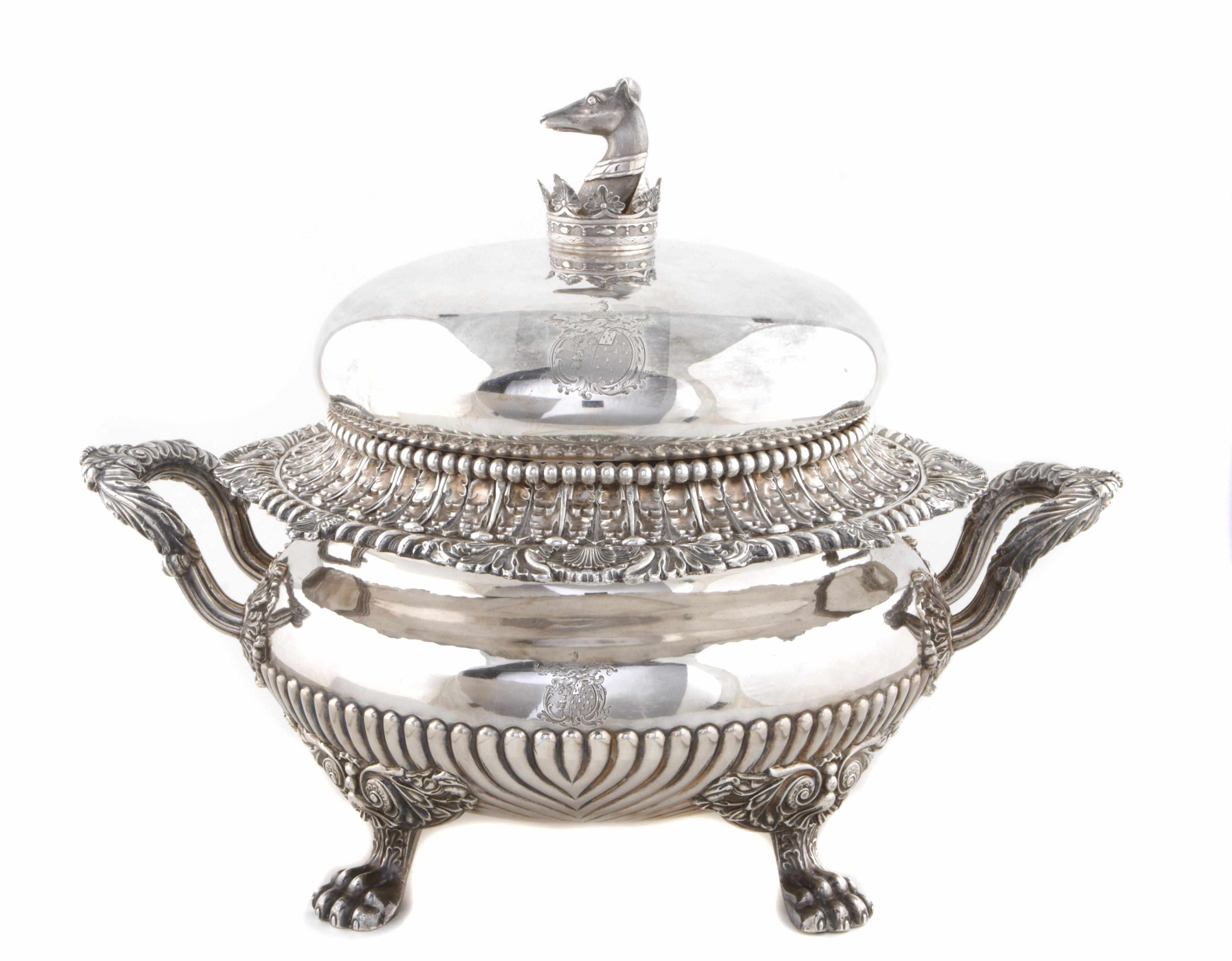 An English silverplate soup tureen and cover with armorial finial