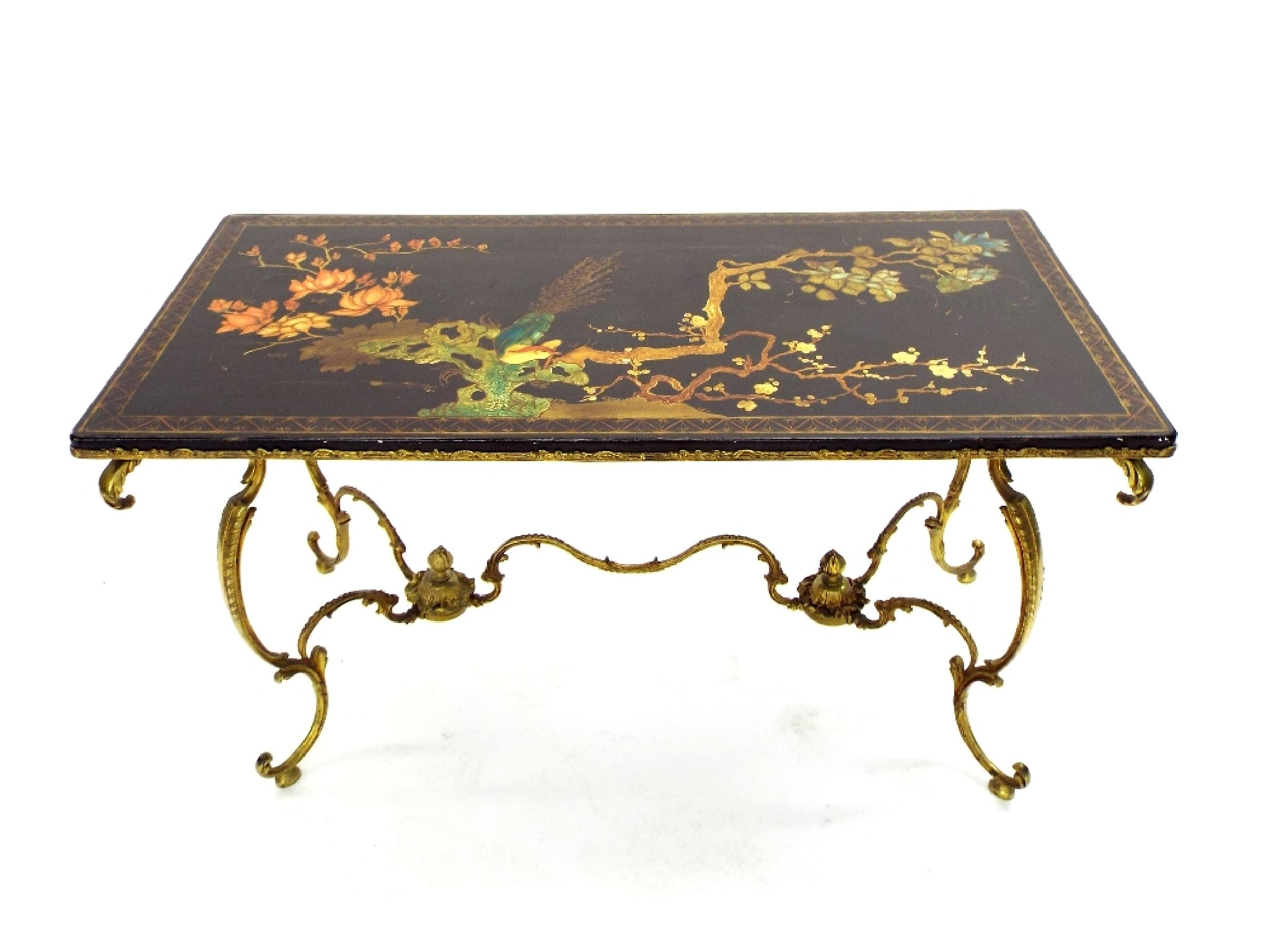 Decorative lacquer top coffee table with chinoiserie decoration upon a