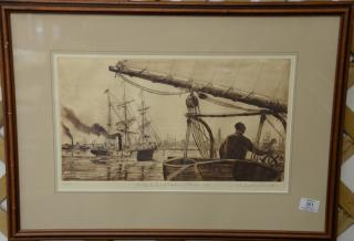 Richard Brooks B 1894 etching The Bark Sarah Docking at
