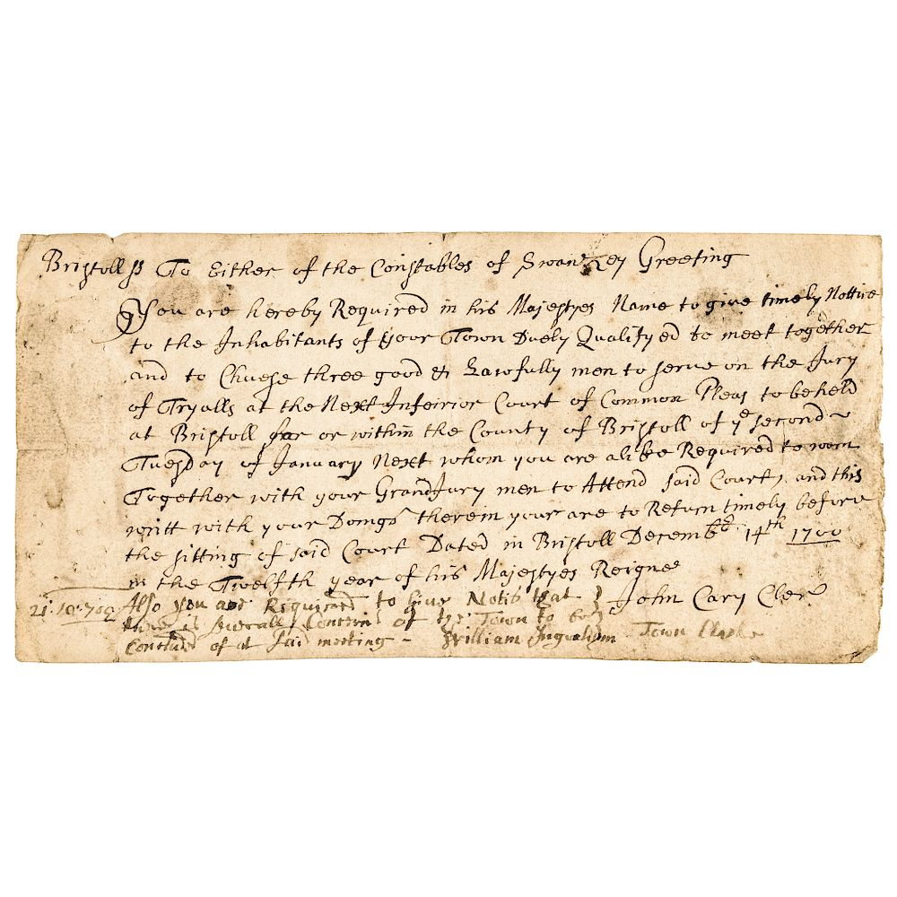 1700 Colonial Manuscript Document Summons for Jury Duty members Swansea