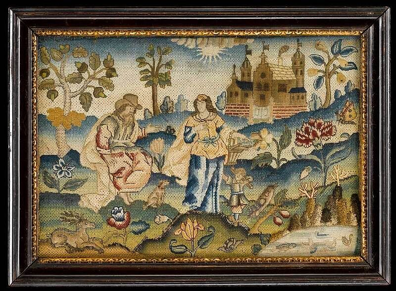 Charles II Silk Biblical Needlework British mid 17th century depiction
