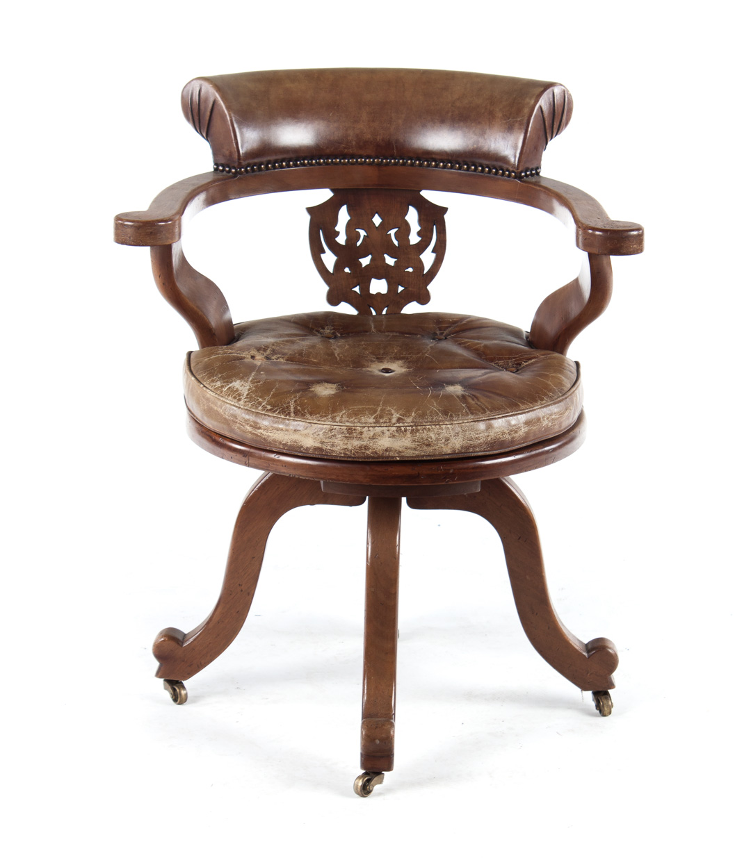 English walnut leather upholstered swivel armchair 20th century Victorian style