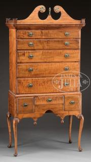 QUEEN ANNE TIGER MAPLE HIGHBOY Late 18th century New England