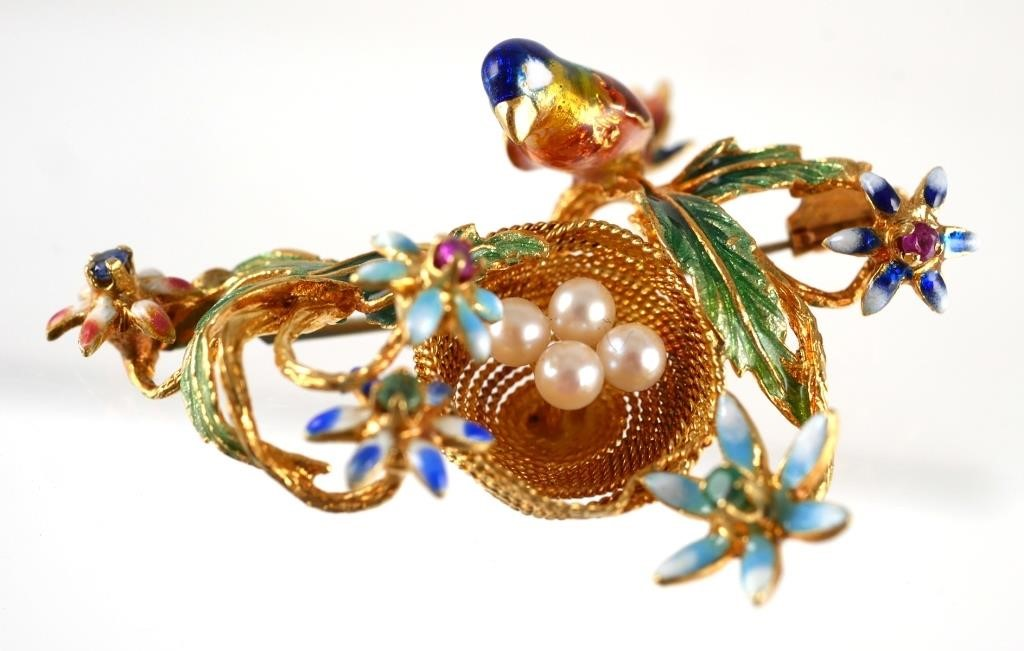 18K YELLOW GOLD RUBY EMERALD SAPPHIRE PEARL BROOCH18K yellow gold