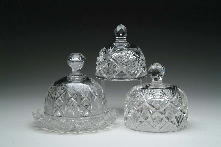 THREE CUT GLASS ITEMS 1 Cheese dish cut in crosshatch