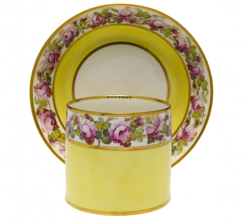 A DERBY COFFEE CUP AND SAUCER finely painted by William