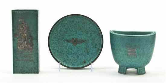Three Swedish Silver Overlay Pottery Articles Gustavsburg Argenta comprising two