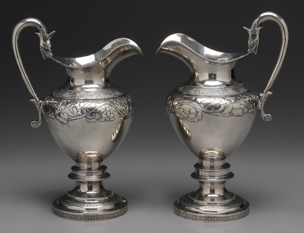 Pair Presentation Coin Silver Pitchers Pennsylvania 1825 1850 repousse morning