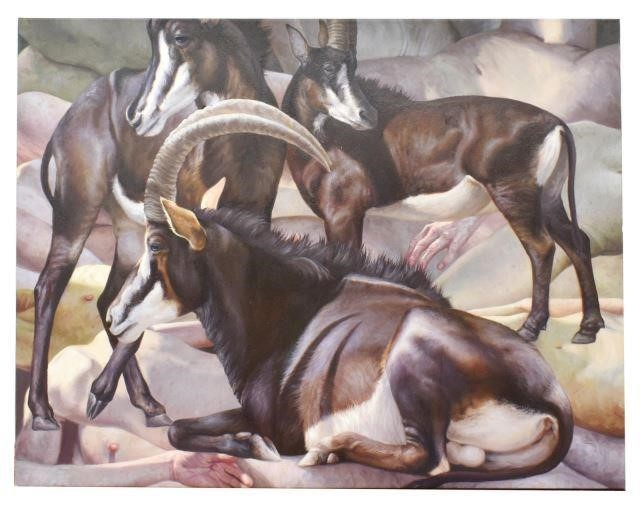 Unframed oil painting on stretched canvas The Herd signed verso