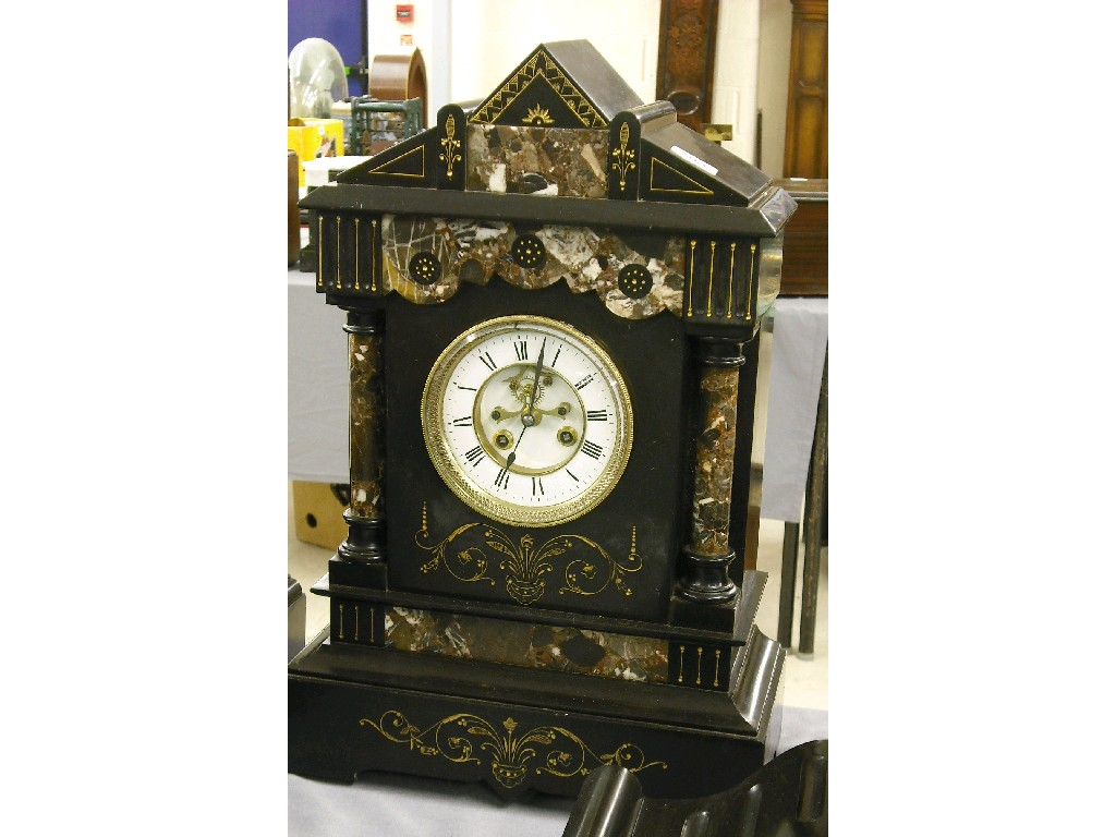 Black slate and coloured marble two train mantel clock the