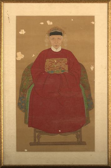 Chinese Framed Ancestor Portrait 19th century colors on silk depicting
