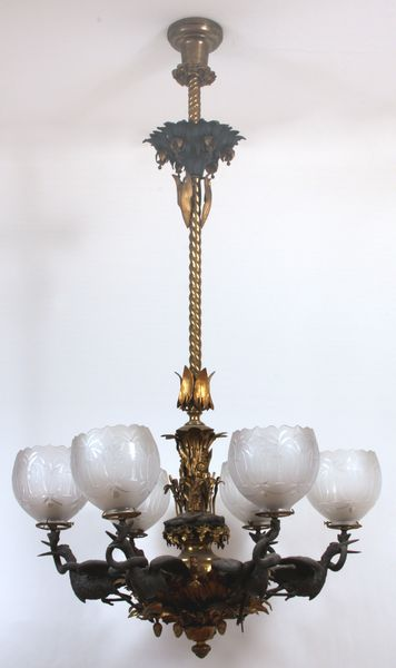 19th Century rare and important bronze gas chandelier having an