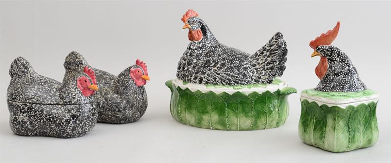 GROUP OF FOUR MODERN MAJOLICA HEN FORM ARTICLES Comprising two