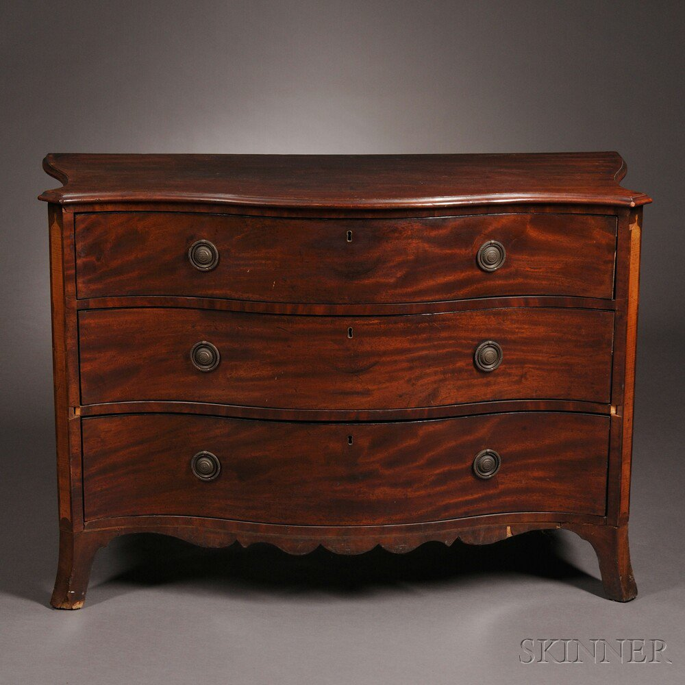Inlaid Mahogany Serpentine front Three drawer Bureau England late 18th