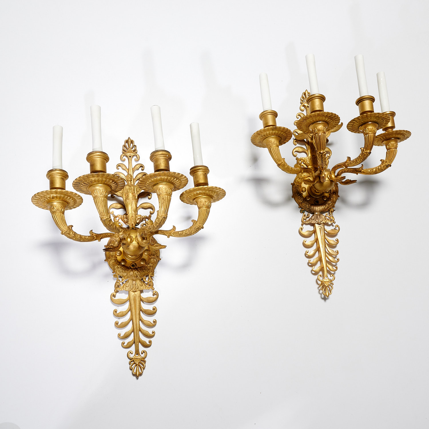 PAIR FRENCH RESTAURATION DORE BRONZE SCONCES Late 19th c finely