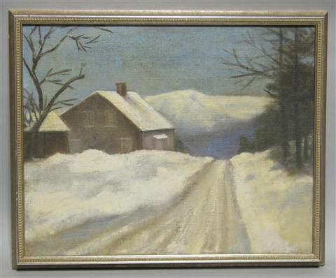 JOSEFA BACKUS AMERICAN 1875 1959 COTTAGE IN WINTER Oil on