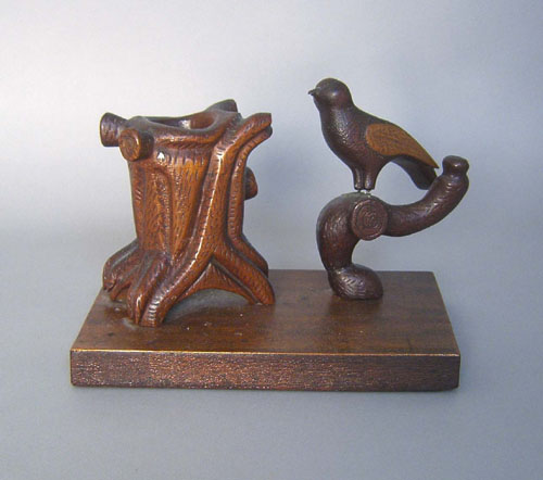 Carved bird and stump inkwell late 19th c 5 1