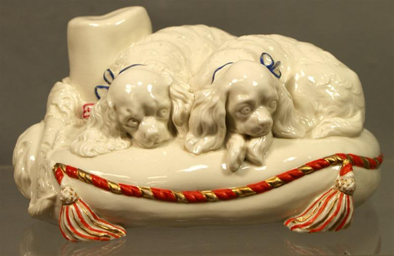 Copeland porcelain Charles I spaniel puppies on a pillow with