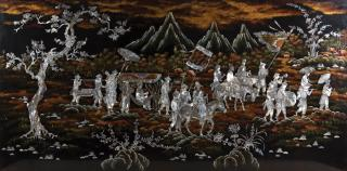 A LACQUERED AND PAINTED MOTHER OF PEARL INLAID PANEL IN