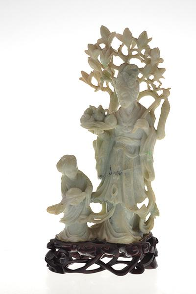 A CHINESE JADEITE FIGURE OF A MAIDEN AND ATTENDANT standing